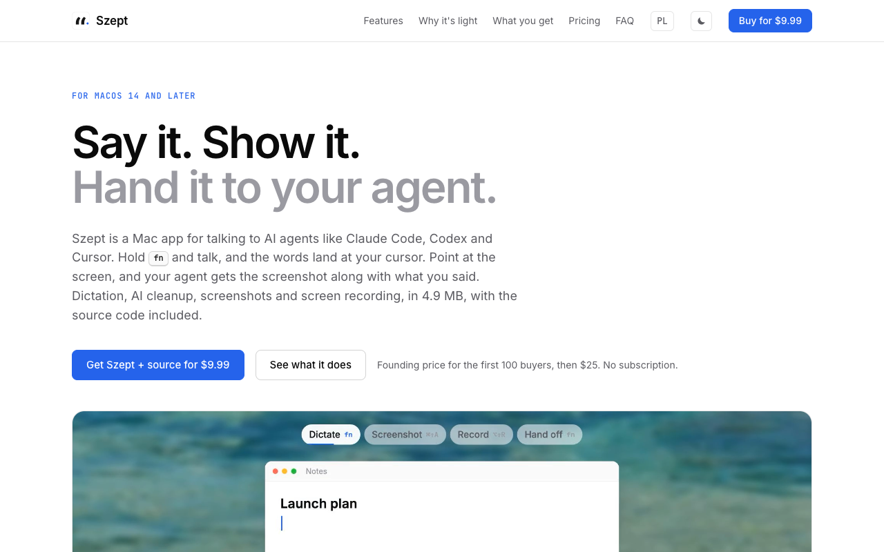 Szept, voice and screenshots for AI agents on Mac