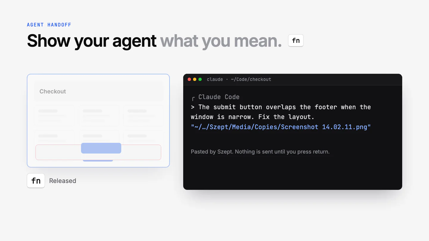 The handoff: a sentence spoken over a screenshot arrives in Claude Code together with the file's path.