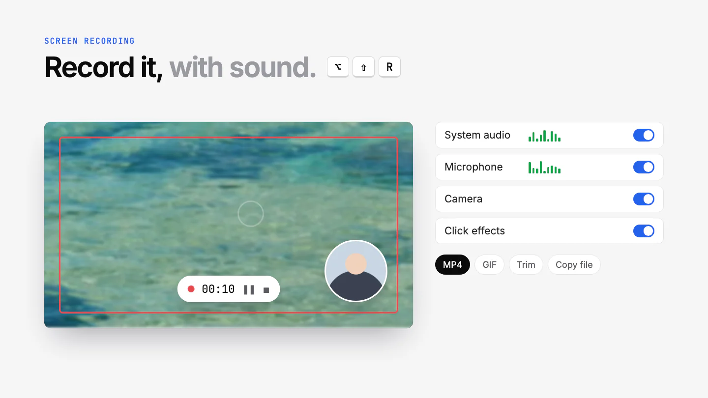 Recording: a red frame around the recorded area, system audio and microphone levels, and the camera in the corner.